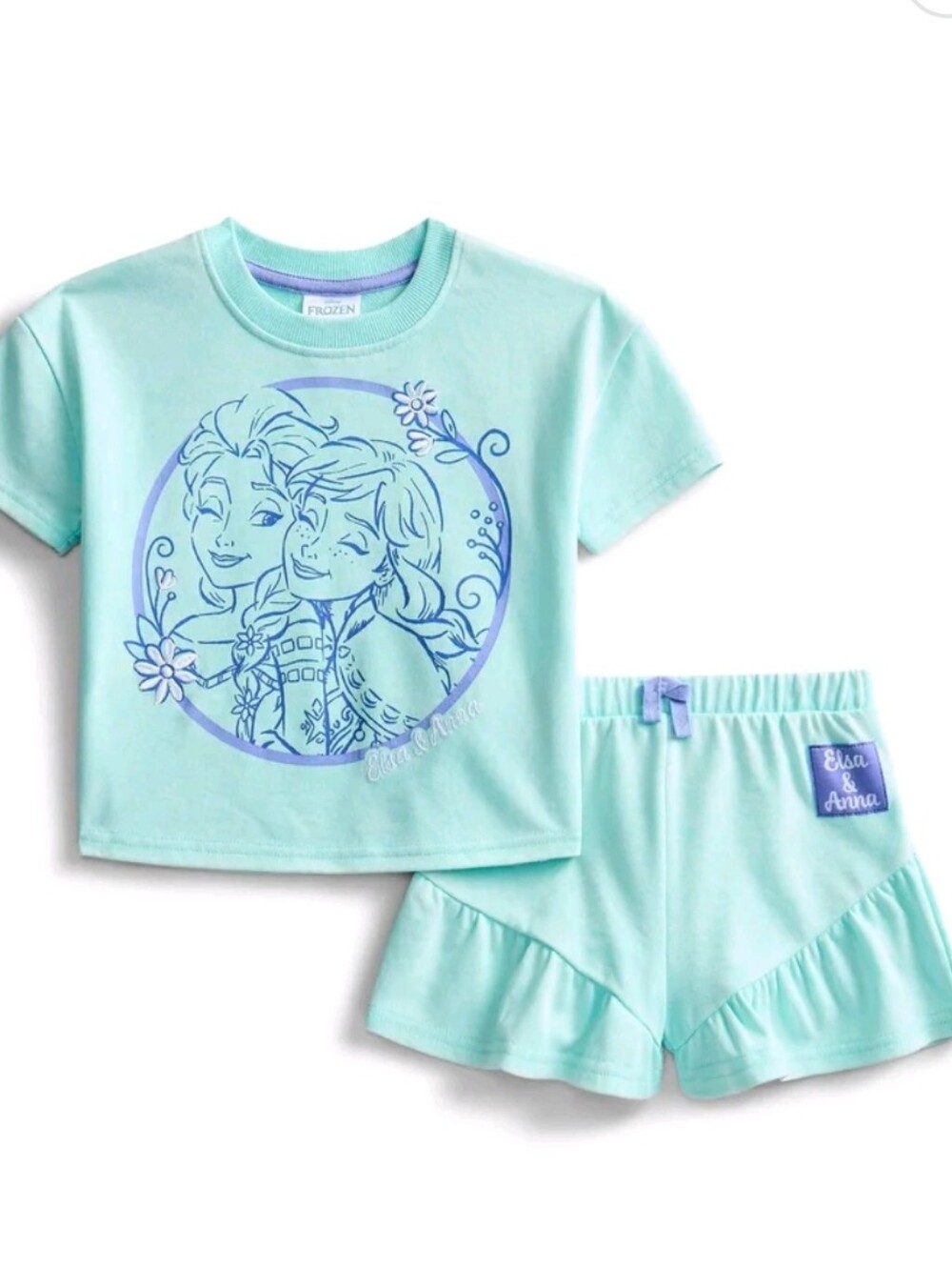 Frozen Toddler Girls' Short Sleeve Graphic Tee and Matching Ruffle Shorts Set,